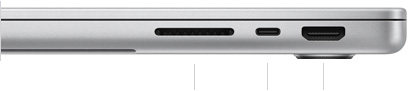 MacBook Pro 14-inch with M4 Pro or M4 Max, closed, right side, showing SDXC card slot, one Thunderbolt 5 port and HDMI port