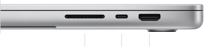 MacBook Pro 16-inch, closed, right side, showing SDXC card slot, one Thunderbolt 5 port and HDMI port