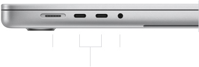 MacBook Pro 16-inch, closed, left side, showing MagSafe 3 port, two Thunderbolt 5 ports, and headphone jack