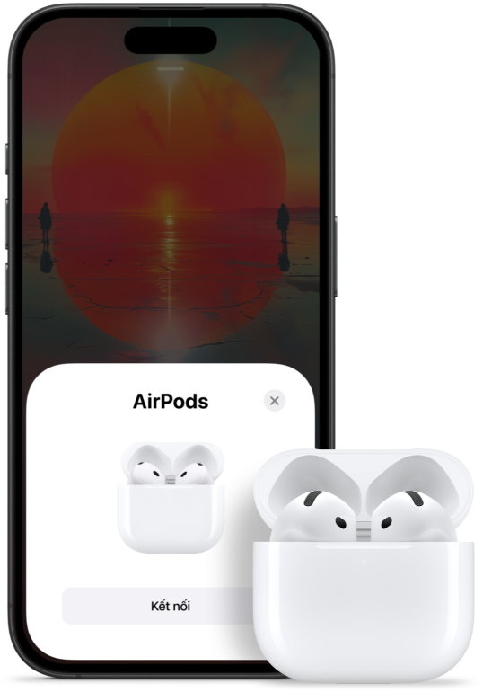 Một hộp sạc đang mở có AirPods 4 bên trong, đặt bên cạnh một chiếc iPhone hiển thị thông tin cho biết là AirPods 4 đã được kết nối.