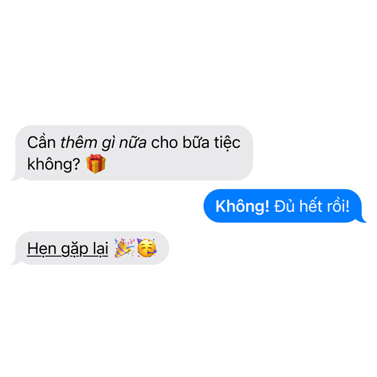 Minh họa hiệu ứng với các từ và biểu tượng cảm xúc trong iMessage